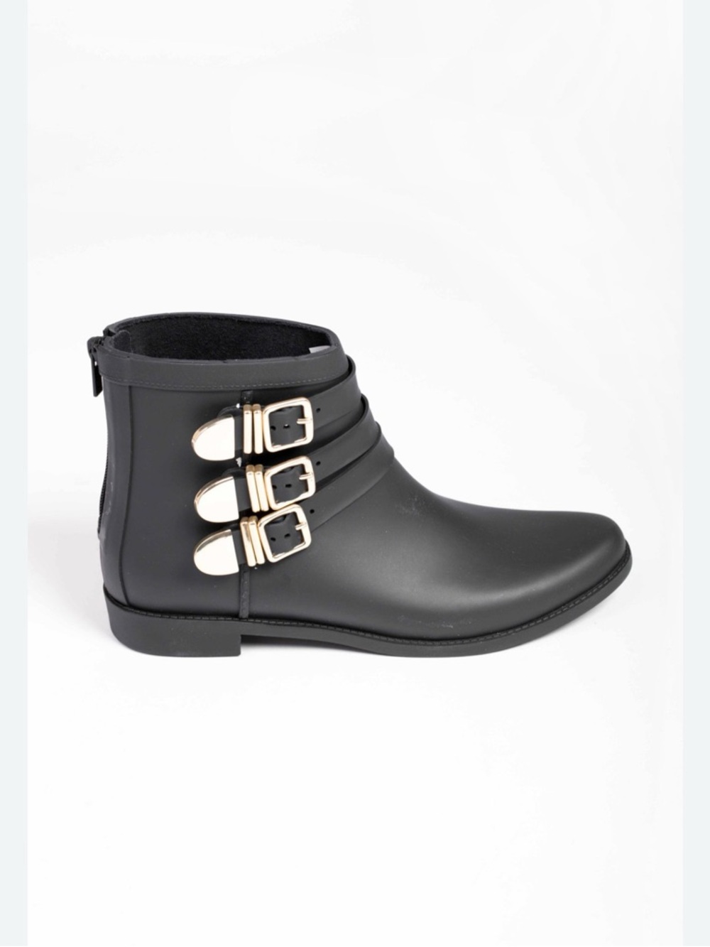 Loeffler Randall Fenton Rain Boot Black Gold Buckles Heeled Size 9